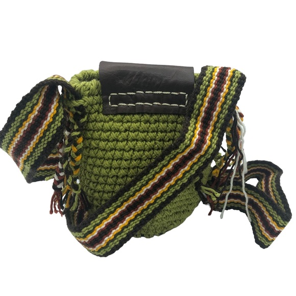 Green Crochet Mini Bag Crossbody Cottagecore Boho Faux Leather Fringe Tassel - Picture 2 of 6